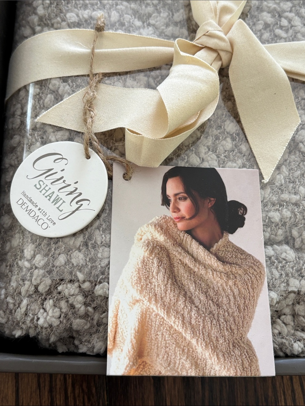 Demdaco Giving Shawl Cream and Light Gray Cozy Chunky Shawl Throw - Picture 2 of 5